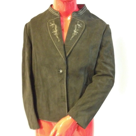 Womens Leather Blazer Brown  Embroidered Germany - Picture 2 of 5